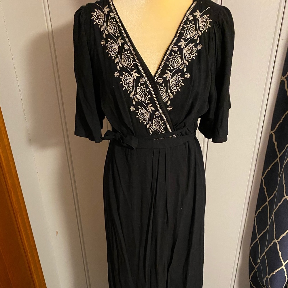 Black and white embroidered wrap maxi dress